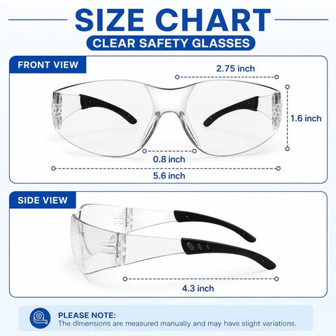 Size chart for 30 Pack Clear Safety Glasses Wrap Around Eye Protection, showing dimensions and side view details.