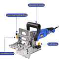 Pro Shop Grade Dual Spindle Dowel Jointer Woodworking Tool 710 Watt Motor with adjustable d-handle and depth gauge features.