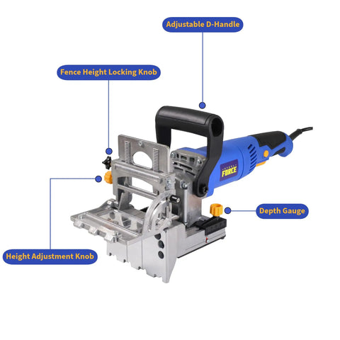Pro Shop Grade Dual Spindle Dowel Jointer Woodworking Tool 710 Watt Motor with adjustable d-handle and depth gauge features.