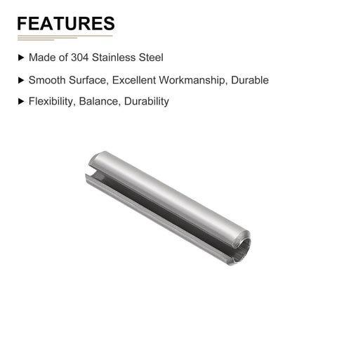 8mm By 40mm Slotted Spring Pin 10 Pack Stainless Steel 304 Dowel Roll Pin, durable tension pin in silver, side view