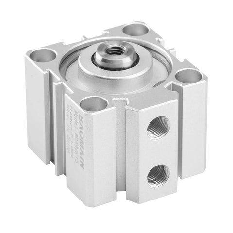 Compact 40mm Bore Thin Air Cylinder With 15mm Stroke Double Acting Single Rod Aluminum Body For Small Machinery and Industrial Automation PT One Eighth Ports and M Eight by One Point Two Five Threaded Rod Plug and Play Ready front view