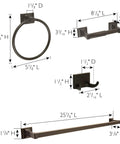 Dimensions of Oil Rubbed Bronze 4 Piece Bathroom Accessory Set With Concealed Screws And 24 Inch Towel Bar, 8.25 Inch Toilet Paper Holder, 2.44 Inch Double Robe Hook, And 6 Inch Towel Ring.
