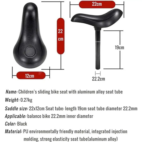 Replacement Kids Balance Bike Seat With 22.2mm Seatpost 19cm Length Black Padded Saddle For Comfy Rides On 12 To 14 Inch Bikes