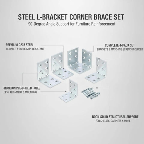 Set of four Q235 steel L brackets with screws for shelves and cabinets. Steel L Bracket Set For Tackling Wobbly Furniture With 90 Degree Corner Braces