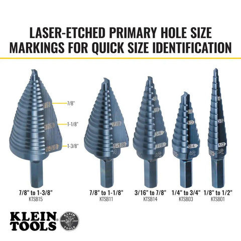 Ultimate Step Drill Bit Set For 7/8 To 1-3/8 Inch Holes With Double Fluted Design, Easy Read Step Markings, 3/8 Inch Hex Shank