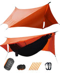 UltraLight 11 Ft Hammock Shelter With Net And Rain Fly Tarp Four In One Camping Tent set up with accessories displayed