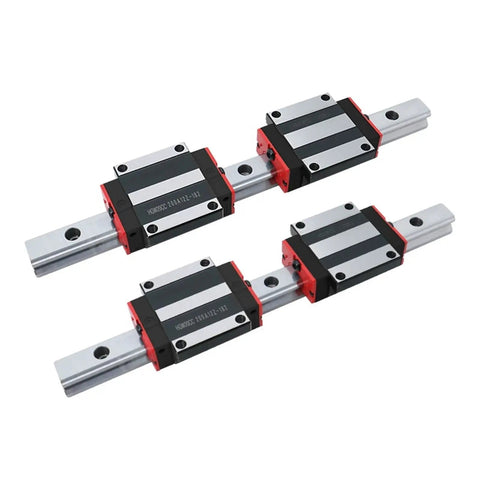Upgrade Your Rig With This Sweet 25mm Linear Guide Rail Kit Featuring HGR25, HGH25CA Steel Cage Slider Blocks, And HGW25CC Flange Carriages For Smooth High Speed Motion In Any Cool CNC Setup Or Custom Builds: two HGR25 rails with four carriages