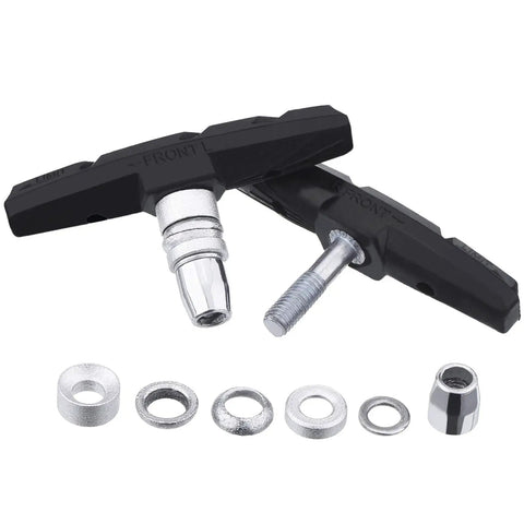 V Brake Pads 70mm Set With Hex Nuts And Spacers For Bicycle, 4 Pairs, black finish, shown with nuts and spacers on white background