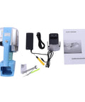 Built Like A Tank Cordless Electric Strapping Gun with battery, charger, tools, and manual for box shipping.