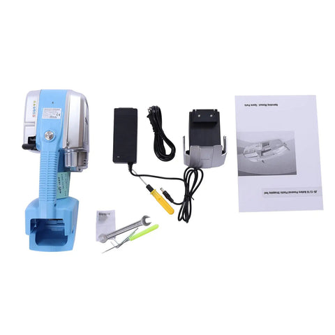 Built Like A Tank Cordless Electric Strapping Gun with battery, charger, tools, and manual for box shipping.