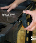Close-up of MODBox Utility Cart Ladder Holder and Storage Hooks attached to cart's side rail, easy access for ladder mounting.