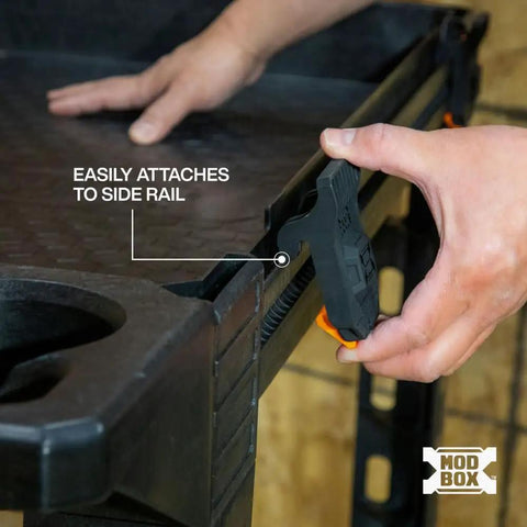 Close-up of MODBox Utility Cart Ladder Holder and Storage Hooks attached to cart's side rail, easy access for ladder mounting.