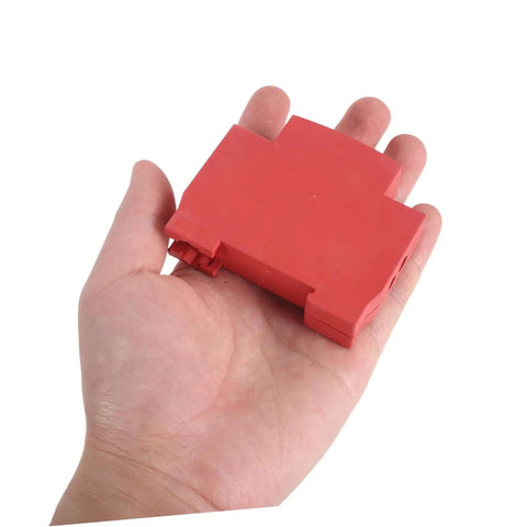 Snap On Aerosol Fire Extinguisher Housing 4 Pack for Heavy Duty Industrial Electrical Panels shown in hand, compact size and red material.