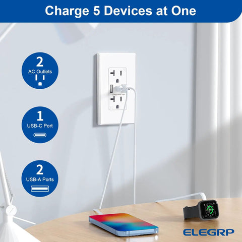 3-Port USB C Wall Outlet With USB A Ports, 20 Amp Receptacle, Matte White, charging multiple devices in home setting.