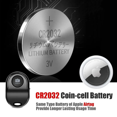 CR2032 battery next to Upgraded Bluetooth 5.0 Remote Shutter For iPhone And Android Cameras Wireless Selfie Button Clicker