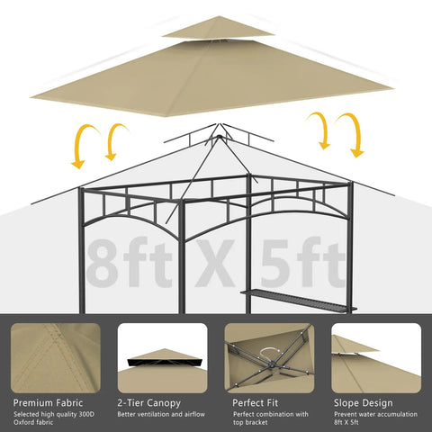Replacement Canopy Top Only For 5X8 Outdoor BBQ Gazebo Waterproof Double Tier Shelter Cover Khaki Fits Model LGG001PSTF