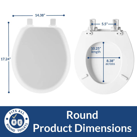 Heavy Duty Wood Toilet Seat With Quick Release Hinges For Easy Cleaning, Tight Bolts, Round Design, Product Dimensions Shown