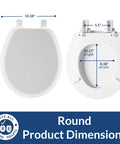 Dimensions of Heavy Duty Round Black Wood Toilet Seat With Quick Release Hinges and No Wobble Locks for secure fit.