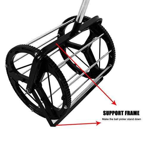 Close-up of rolling tennis ball picker with basket and pole, showcasing the rust-resistant metal support frame for stability.