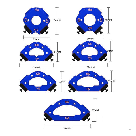 Precision Round Corner Radius Template And Woodworking Router Jig Slick Profile with various sizes shown for curved cuts.