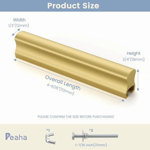 Six Pack Adjustable Matte Gold Drawer Pulls For Cabinets And Furniture, size details with width 1/2 inch, height 3/4 inch, length 4 6/16 inches