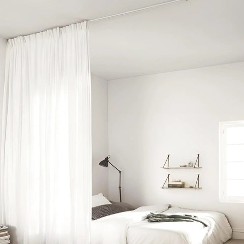 Heavy Duty Ceiling And Wall Mounted Curtain Track Rail System With Roller Hooks For Drapes, White Aluminum Alloy, 3 Ft To 6 Ft Adjustable Length, Room Divider Setup, Easy Install, DIY Friendly in bedroom