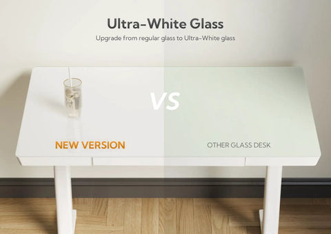 Glass Top Standing Desk With Drawers, 48x24 Inch Adjustable Sit-Stand Desk With Electric Height Lift comparison of ultra-white glass