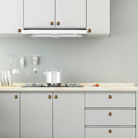 Antique Brass Kitchen Cabinet Knobs Set Of 10 for solid wood and metal drawers installed on white kitchen cabinets with modern design.