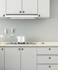 Top Shelf Antique Brass Kitchen Cabinet Knobs And Drawer Pulls Two Pack Sturdy Metal Handles on gray cabinets in modern kitchen.