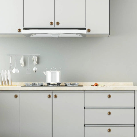 Top Shelf Antique Brass Kitchen Cabinet Knobs And Drawer Pulls Two Pack Sturdy Metal Handles on gray cabinets in modern kitchen.