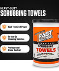 Container of Heavy Duty Scrubbing Towels With Dual Textured Power 72 Count with product features and benefits highlighted