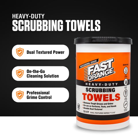 Container of Heavy Duty Scrubbing Towels With Dual Textured Power 72 Count with product features and benefits highlighted