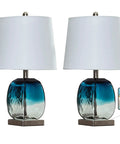 Coastal Glass Table Lamp Set Of 2 For Living Room And Nightstand Blue Bedside Lamps With USB Port 3 Way Dimmable Glass Bedroom Lights Modern Minimalist Lighting For Home Decor