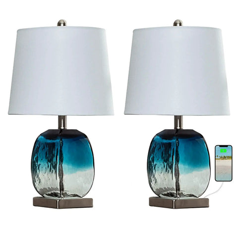Coastal Glass Table Lamp Set Of 2 For Living Room And Nightstand Blue Bedside Lamps With USB Port 3 Way Dimmable Glass Bedroom Lights Modern Minimalist Lighting For Home Decor