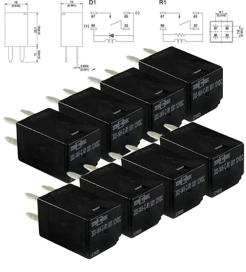 Image of 12V DC SPNO Relay Pack, 20A High-Current General-Purpose Relay, 303-1AH-C-R1-U01, 8-Pack, showing plug-and-play relays.