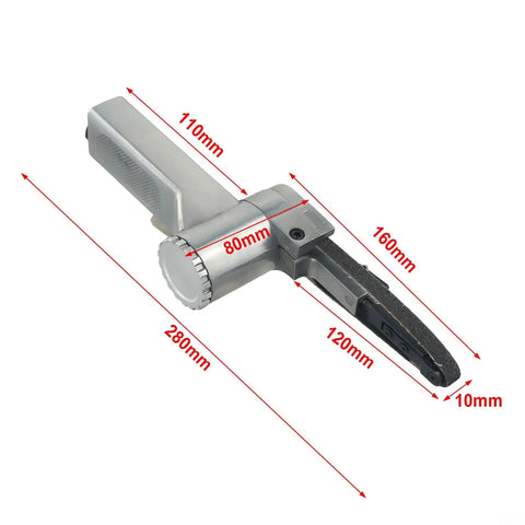 Heavy Lifting Pneumatic Air Belt Sander And Grinder With 10X330MM Platform, showing measurement details and tool design.