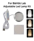Plug And Play LED Light Kit For 3D Printer Enclosures No Wiring No Soldering Quick Mount With Cable Clips And 3M Tape Easy Install For X1 X1C P1P P1S Enclosures 10 Pack Bright Illumination For Clear Prints In Dim Rooms shown with USB cable, remote control, and light color options.