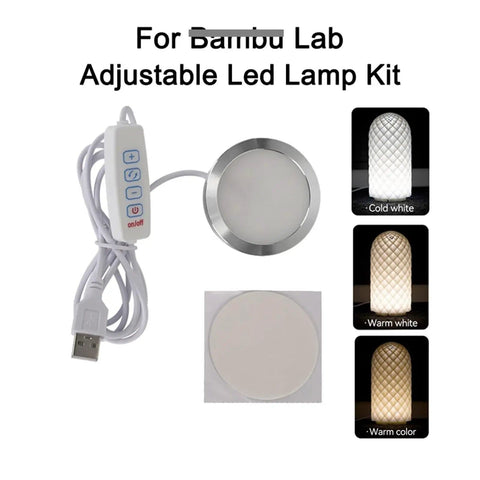 Plug And Play LED Light Kit For 3D Printer Enclosures No Wiring No Soldering Quick Mount With Cable Clips And 3M Tape Easy Install For X1 X1C P1P P1S Enclosures 10 Pack Bright Illumination For Clear Prints In Dim Rooms shown with USB cable, remote control, and light color options.