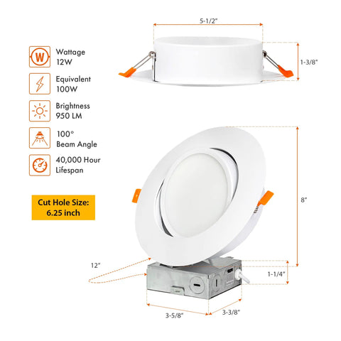 4 Pack 6 Inch Gimbal Recessed LED Downlights With 8 Inch Trim, Air Tight IC Rated Dimmable 2700K To 6000K 5CCT product illustration