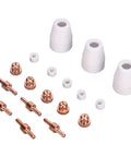 Grab This 18 Piece Plasma Cutter Consumables Kit For Pt31 Machines Featuring copper electrodes, ceramic rings, and nozzles.