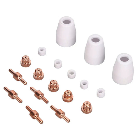 Grab This 18 Piece Plasma Cutter Consumables Kit For Pt31 Machines Featuring copper electrodes, ceramic rings, and nozzles.