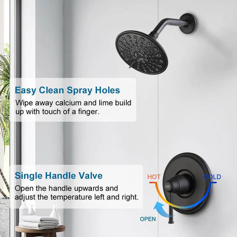 Slick Matte Black Shower Faucet Set With Wall Mounted Rain Mixer 6 Inch Shower Head Single Handle Trim Kit Rough In Valve Included Durable ABS Fixtures With Leak Proof Seals And 6 Spray Modes For Everyday Spa Like Showers