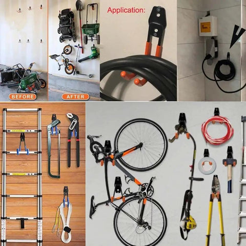 Keep Your EV Charging Cord Squared Away With This Rugged Wall Mount J Hook That Hangs Electric Vehicle Cables Up High To Dodge Rain And Dust For Stress Free Plugging Whenever You Need It, showcasing organization of tools and cables.
