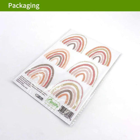 Packaging of 72 Piece Small Boho Rainbow Wall Decals Peel And Stick Set With 12 Sheets