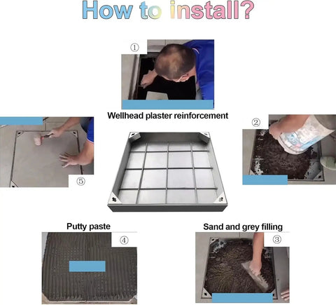 Installation steps for recessed drain inspection chamber cover 65x65cm, showing wellhead plaster and sand filling procedures.