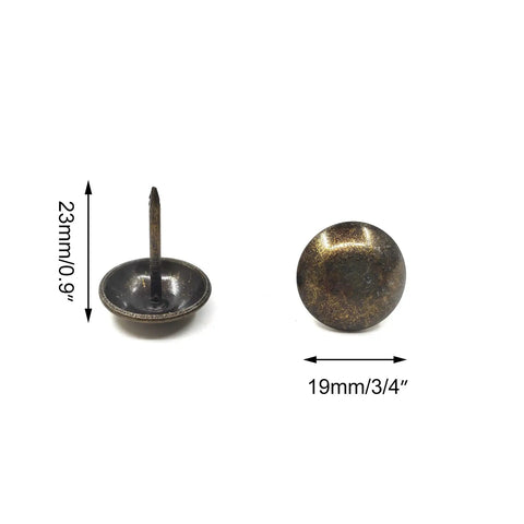 100 Pcs Antique Brass Upholstery Tacks 3/4 Inch Furniture Nails showing 19mm head and 23mm pin, ideal for DIY projects.