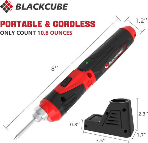 Cordless Soldering Iron Kit 4V Rechargeable With 2000mAh Lithium Battery, Rapid Heat Up, LED Spotlight shown with dimensions