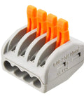 Fifty Pack Four Conductor Quick Grip Lever Wire Nuts For No Sweat Electrical Splicing 28 To 12 AWG gray connector with orange levers for easy wire splicing.