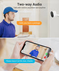 Outdoor Security Camera 2K QHD With Color Night Vision showing two-way audio interaction with delivery person on smartphone screen.