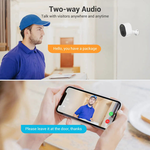 Outdoor Security Camera 2K QHD With Color Night Vision showing two-way audio interaction with delivery person on smartphone screen.